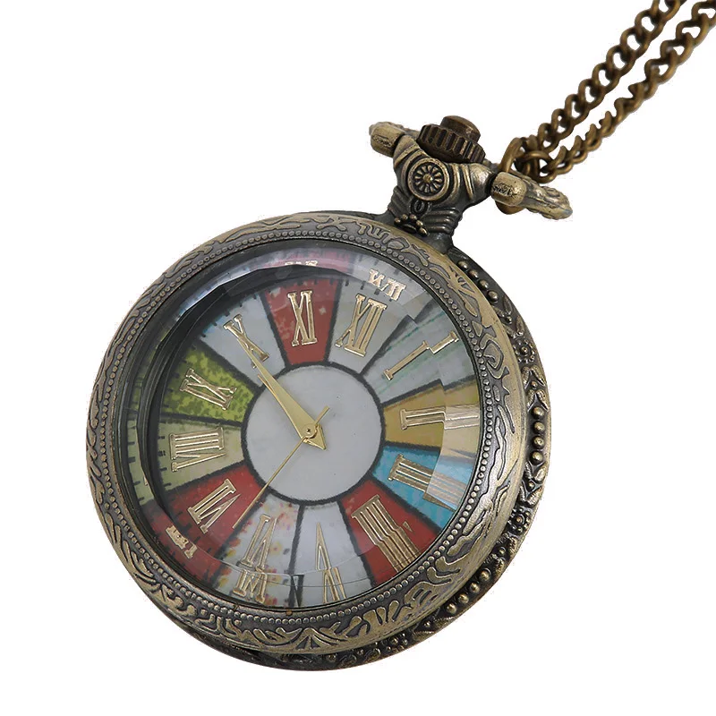 Retro Rome Number Bronze Colorful Dial Quartz Pocket Watch Necklace Pendant