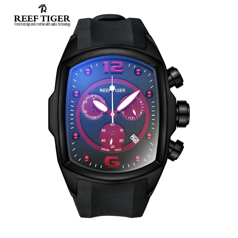 Reef Tiger/RT Chronograph Sport Watches for Men Big Dial with Date Design Watch Black Rubber Strap Luminous Watches RGA3068