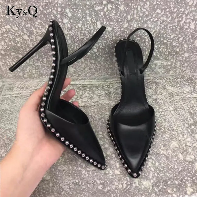 

NEW Women Black High heels shoes Ladies Sexy Pointed Toe pumps Buckle rivets heels dress wedding shoes Dropshipping 10cm/8cm