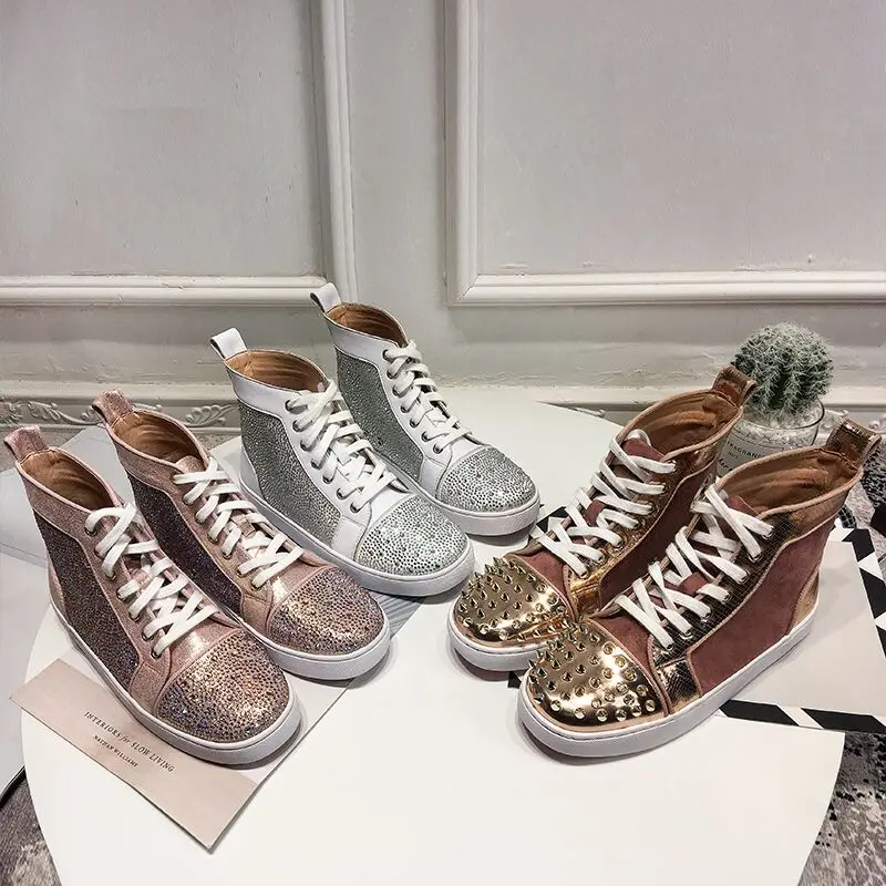 Dentelle Des Up Classique Pour Booites Rivets Sole Cheville Show Argent Show dessus En Femme Rose As Mode Étendu Sneakers Cuir Haut as Chaussures Femmes Diamant Zwq6zzf
