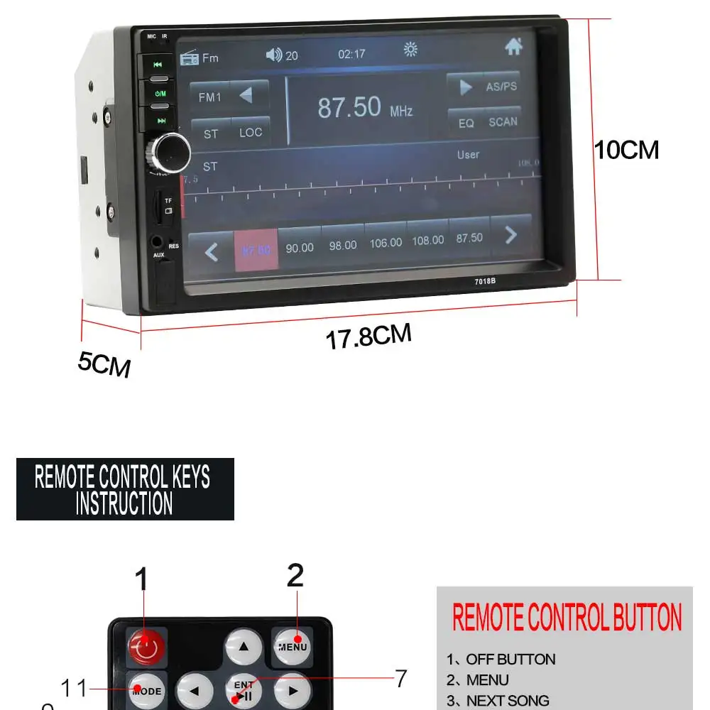 Авторадио 2Din общего автомобиля Радио 7 ''ЖК сенсорный экран стерео MP5 плеер USB FM Bluetooth аудио Поддержка Камера заднего вида 7018B