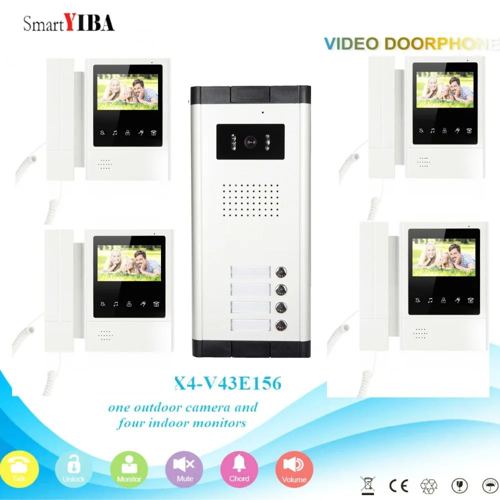 

SmartYIBA 4 Unit Apartment 4.3 inch Color Video Door Phone Intercom System Camera Day/Night Vision Switchable Apartment Intercom