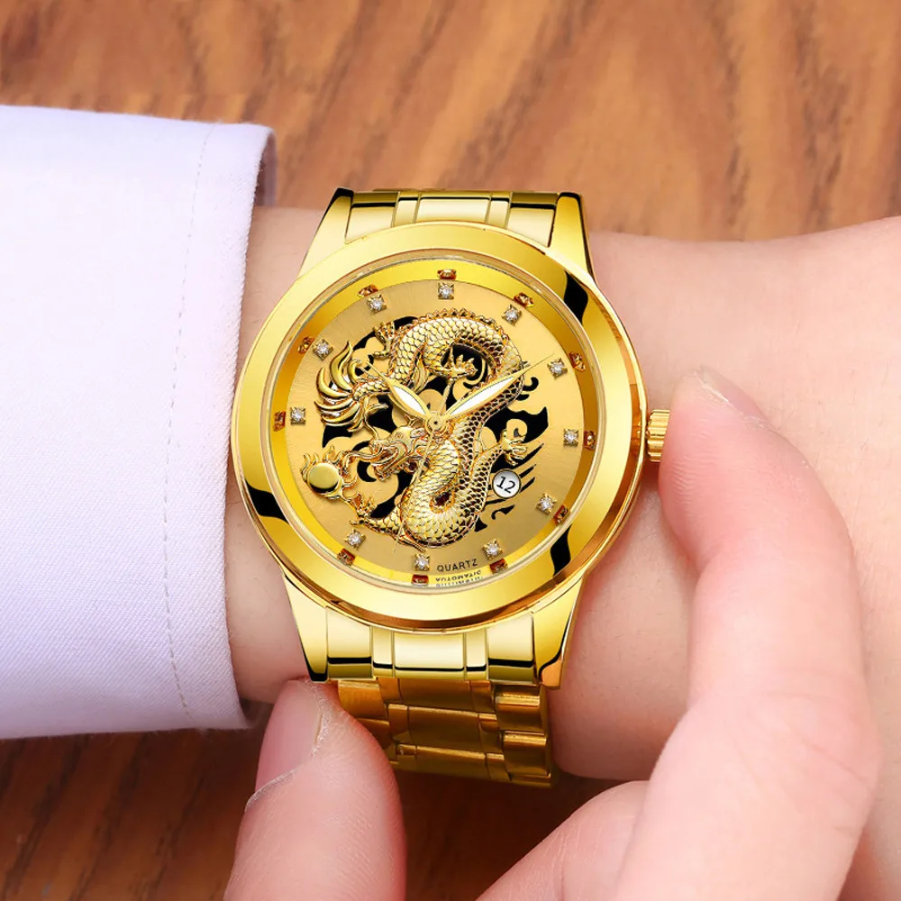 

Mens Wristwatch Waterproof Gold Dragon Sculpture Quartz Steel man watches men watch metal male clock