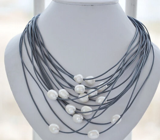 

ddh003205 15strands 12mm white rice pearl gray leather necklace