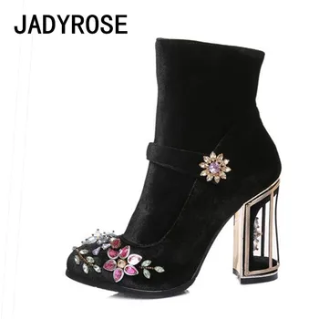 

Women Black Velvet Winter Boots 10cm Chunky High Heels Ladies Botines Mujer Crystal Straped Rubber Women Bottine Femme Shoes