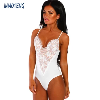 

INMOTENG Sexy Black/White Sleeveless Eyelash Lace Bodysuit Women Deep-V Neck Hollow-out Bodysuits Feminine Bodycon Body Top