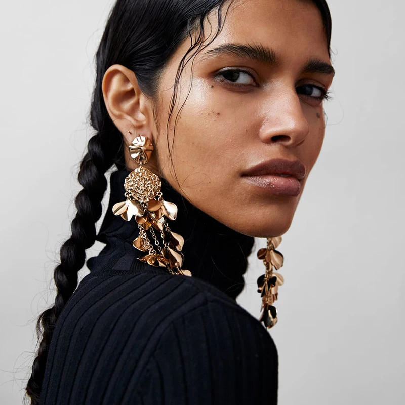 

2019 New ZA Fashion Gold Metal Flower Tassel Dangle Earrings For Women Vintage Boho Statement Wedding Jewelry Wholesale
