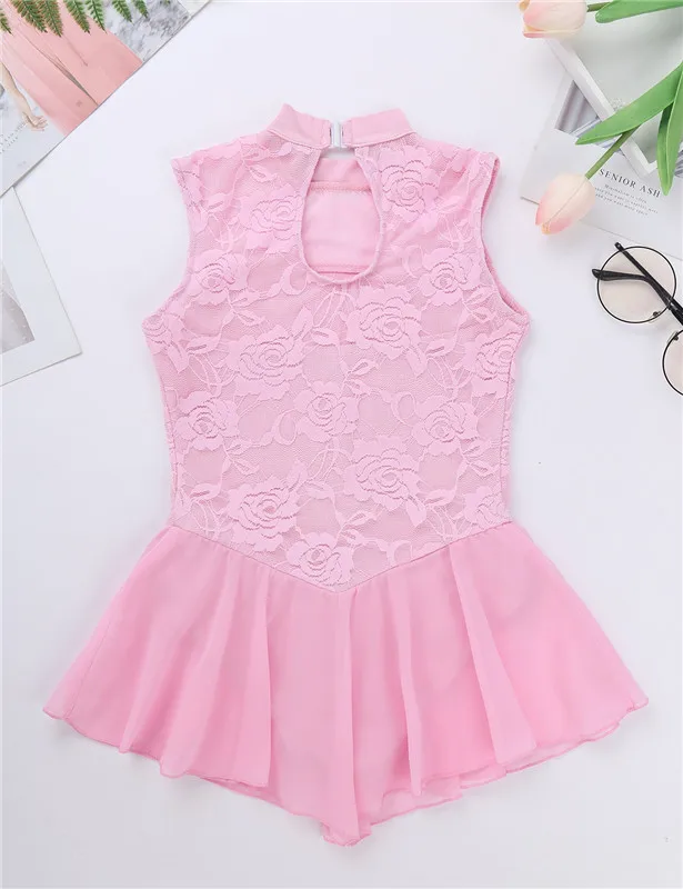 TiaoBug Children Sleeveless Floral Lace Figure Ice Skating Dress Tutu Ballet Gymnastics Leotard Kids Girls Lyrical Dance Costume