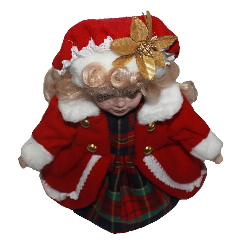 30cm Vintage Ceramic Girl Doll People Figure with Red Dress Coat Hat Suit Collectible #2