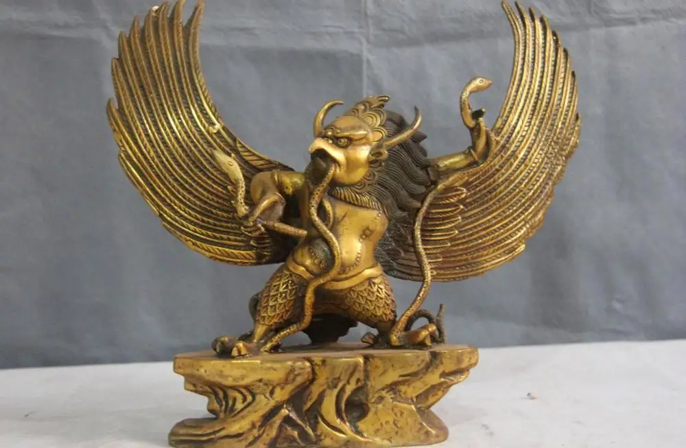 

Tibet Buddhism Copper Bronze Gild Redpoll Winged Garuda Bird snake Buddha Statue