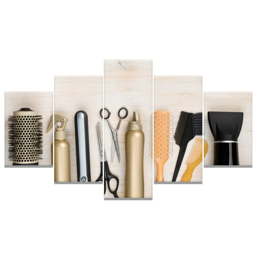 

Hairdressing posters Canvas Pictures Barbershop Decor 5 Pieces Scissors Comb Bottle Painting HD Prints Tools Modular Wall Art