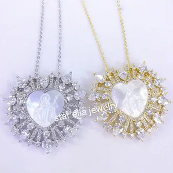 

5pcs/lot Micro Pave Water Drop Cubic Zirconia Love Heart Virgin Maria Mother of Pearl Pendant Necklace Collar Fashion Jewelry