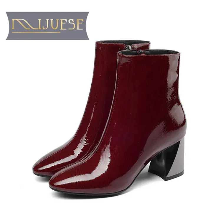 

MLJUESE 2019 women ankle boots cow leather patent leather zippers wine red color high heels boots winter short plush warm boots