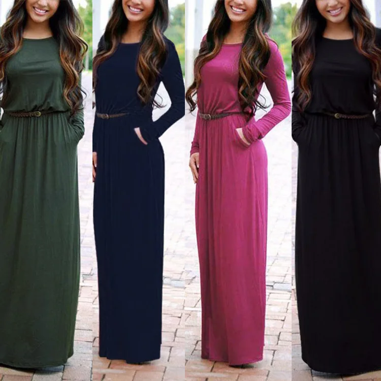 

2017 New Brand Women Clothing Spring Autumn Floor Length Dress O Neck Long Sleeve Pocket Pleated Waist Maxi Long Dress with Belt