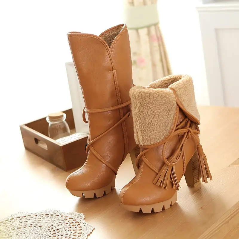 2016 New Fashion Wanita Hangat Sepatu Salju musim dingin perempuan kuda boots perempuan high heels tebal sepatu tumit sepatu wanita lace up tinggi