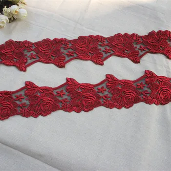 

2.755"7cm wide (5yards/lot) Embroidered Floral Tulle Lace Trim in black+deep red,Mesh Embroidery Lace Trim