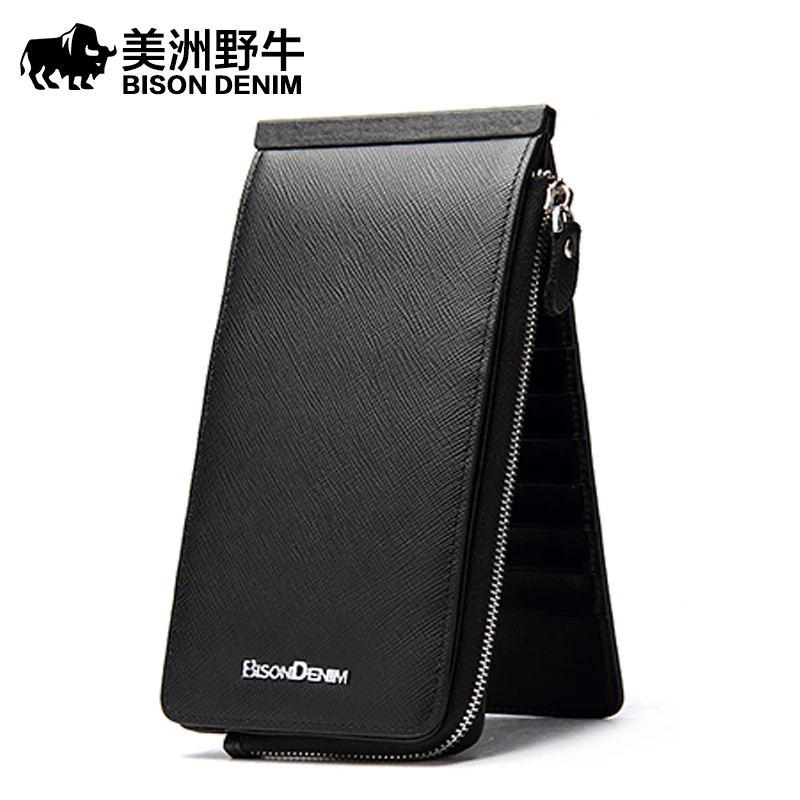 

BISON DENIM Brand Men Wallet Genuine Leather Credit Card Holder Cowhide Purse Credit Card Wallet Large Capacity Men's Wallet