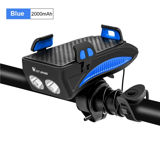 WEST BIKING велосипедный светильник 2000 мАч/4000 мАч аккумулятор внешний аккумулятор держатель для телефона 130дб динамик колокол 4 в 1 MTB велосипедные фары - Цвет: 2000mAh Blue