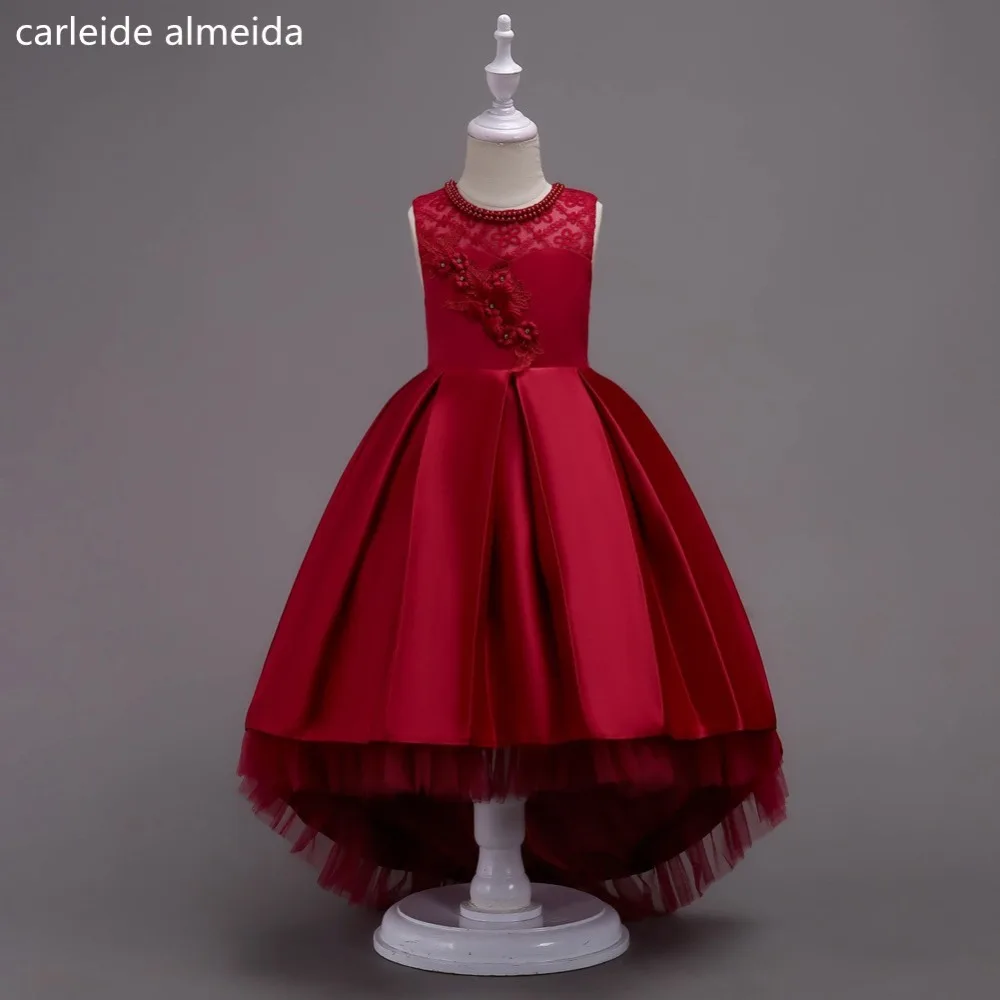 

Lace & Satin Flower Girl Dresses Short Front Long Back Vestidos de primera comunion Satin Belt Girls dresses for party and weddi