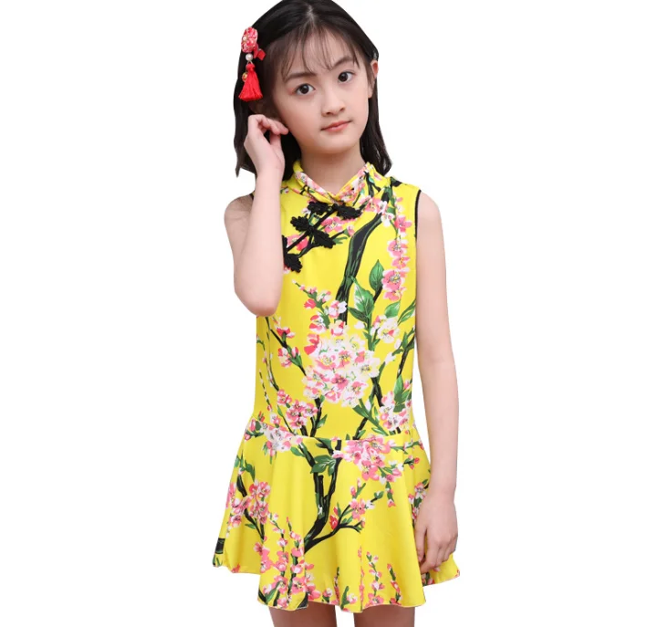 

Chinese Traditional Qipao Style Swimsuit For Girls 2 Colours Printing Design Children Split Swimsuit Suit One piece Z899