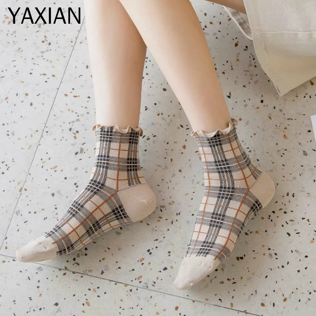 5 пар YAXIAN зимние новые Harajuku Модные клетчатые хлопковые носки женские японские Сладости носки высокие носки длинный осенний теплый комплект