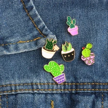 Broche com esmalte em vaso, mini broche de metal com 5 estilos de desenhos animados de plantas verdes, broche de botão, jaquetas de denim, bolinhas para gola