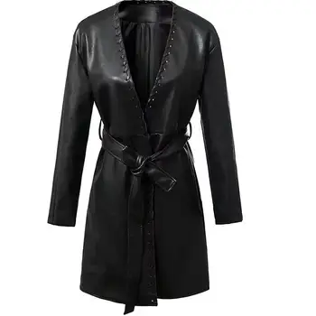 

2020 autumn winter fashion women PU leather jacket belt slim v-neck long sleeve coat