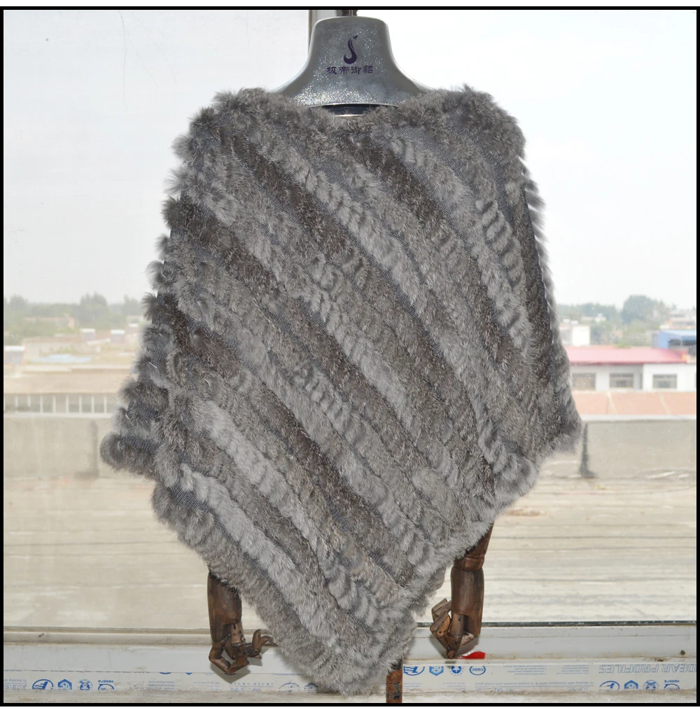 Fluffy Real Rabbit Fur Knitted Wrap Shawls Cape Poncho Scarf Black Xmas HOT 