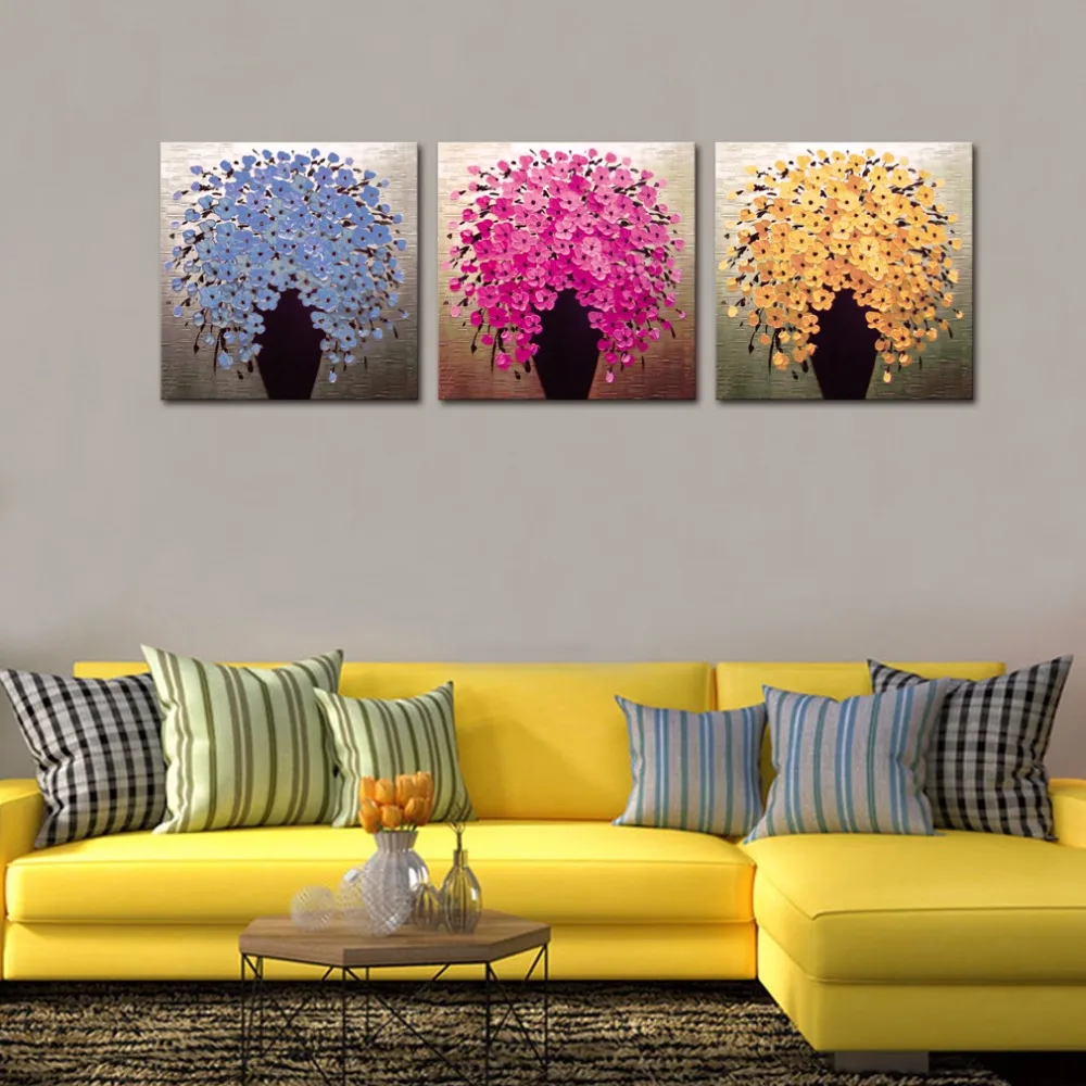 3 Panels Wall Art Color Pachira Macrocarpa Tree Picture Modern Artwork Flower Canvas Painting for Home Decor with Wooden Framed | Дом и сад