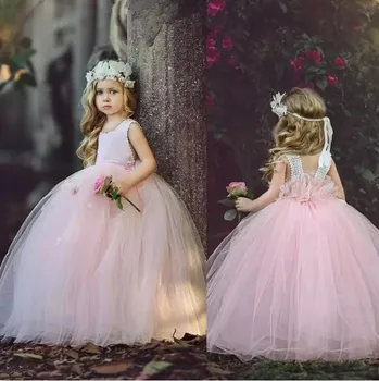 

Pink 2019 Flower Girl Dresses For Weddings Ball Gown Cap Sleeves Tulle Lace Long First Communion Dresses For Little Girls
