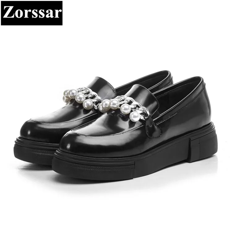 

2017 Genuine leather Female Flat Oxford Shoes For Women Platform Shoes Fashion String Bead Casual Creeper Shoes Womens Flats