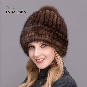 

JINBAOSEN new thick hat ladies winter knit hat with fox fur pom-pod hot real mink fashion fur hat