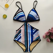 Брендовый женский сексуальный цельный купальник в геометрическую полоску с фиксированным принтом бикини с высокой талией купальник горячая пляжная одежда для девочек купальный костюм