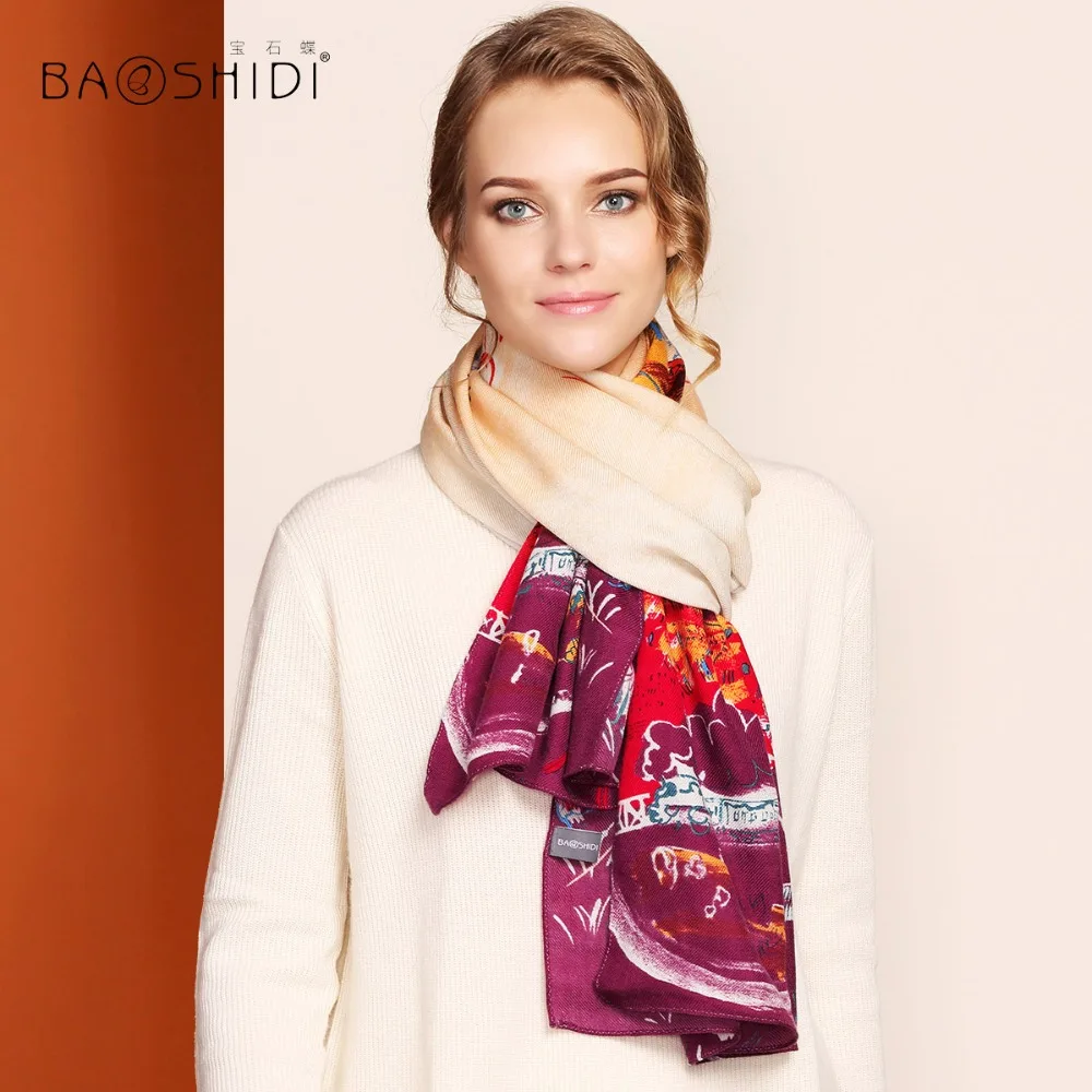 [BAOSHIDI]100 wool long scarf women, Fashion scarves luxury brand