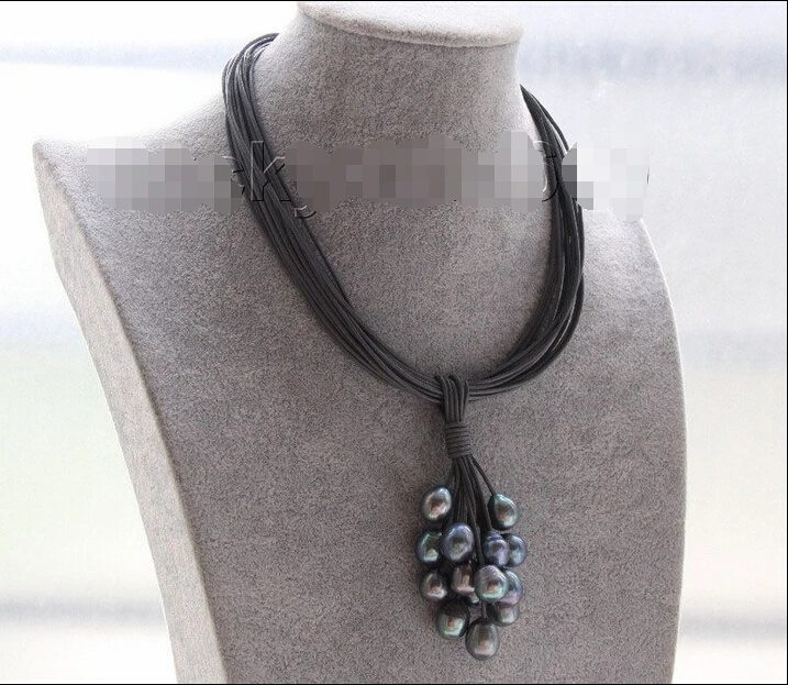 

>>>>Genuine 16" 15row 14mm peacock Black pearls dark gray leather necklace e2298