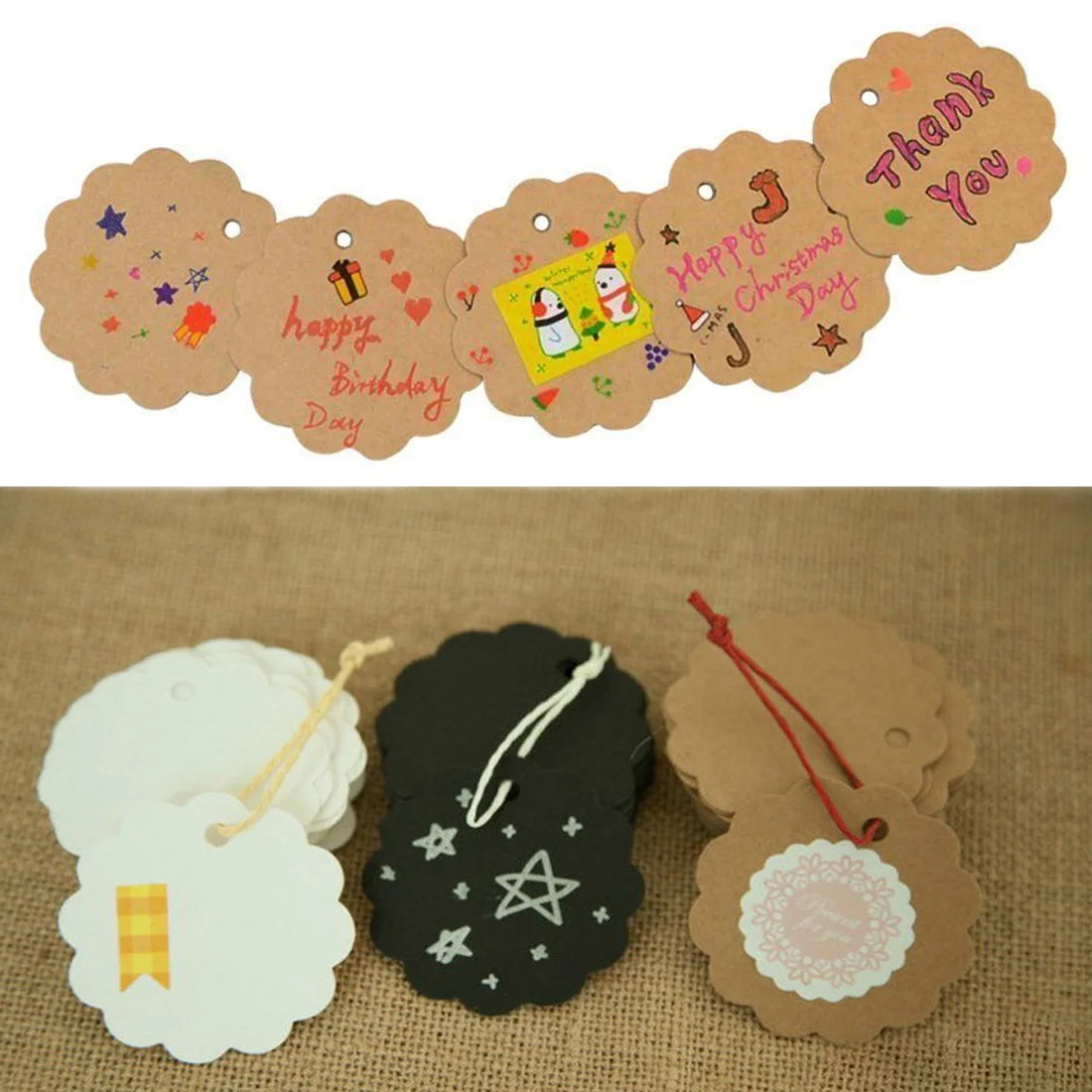 

100Pcs DIY Round Lace Shaped Kraft Paper Labels Trunk Food Price Marks Tags for Wedding Decoration Card Making