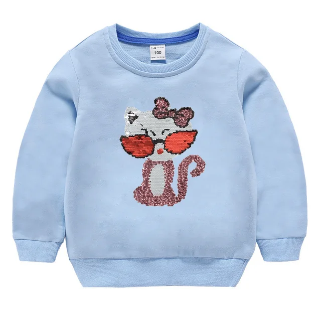 Double Sided Sequin Flash Glitter T-Shirts For Girls Sequins T Shirt Girls Cartoon Cat Kids Tshirt Summer Teen Clothes For Girls Silver