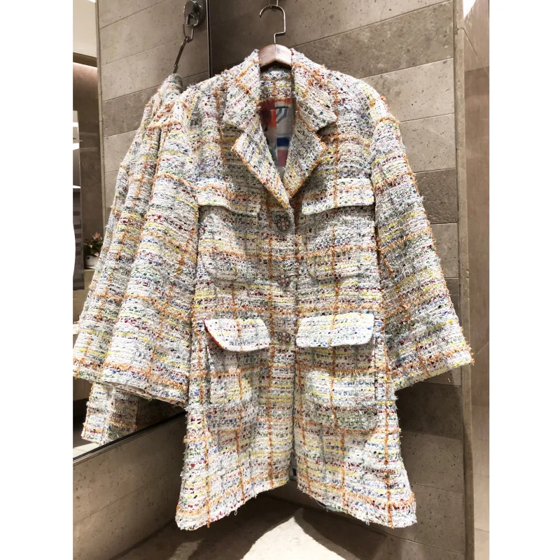 

2019 women's jacket autumn winter coat high-quality Dropped shoulder loose plaid silhouette coat color printed silk lining