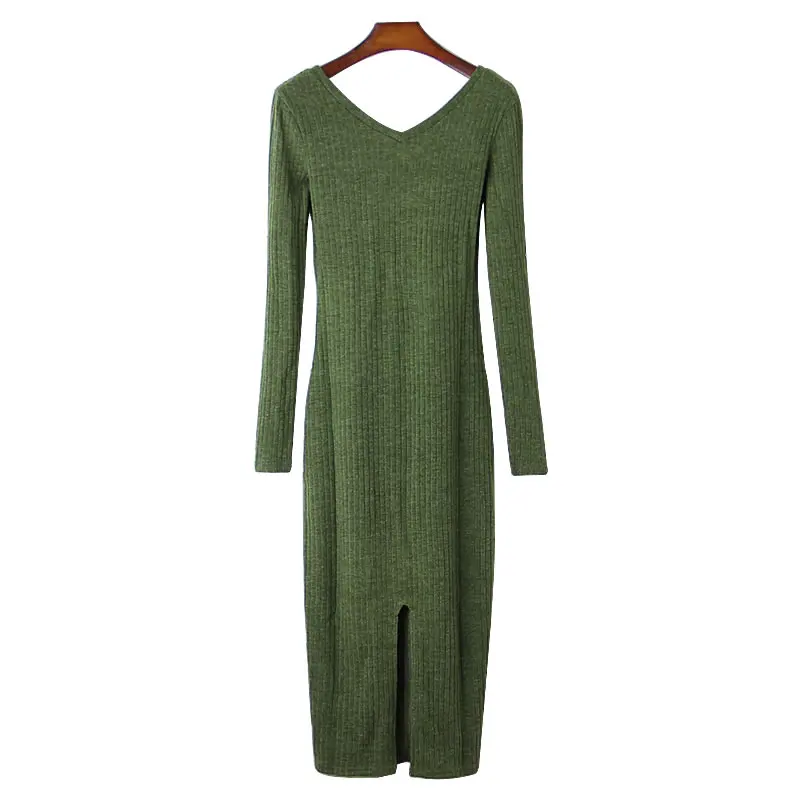 

2019 autumn winter wool Cashmere Sheath Sweater Dress Women Long Sleeve sexy Double V Neck robe femme vestidos Bodycon Dresses