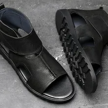 Мужские сандалии; коллекция года; летние дышащие римские сандалии с открытым носком; молодежные модные кожаные сандалии с высоким верхом на застежке-липучке