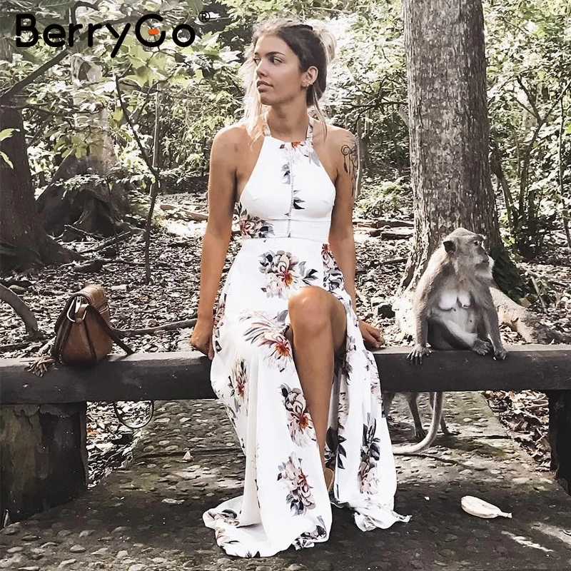 BerryGo Floral print halter chiffon long dress Women backless 2018 maxi dresses vestidos Sexy white split beach summer dress