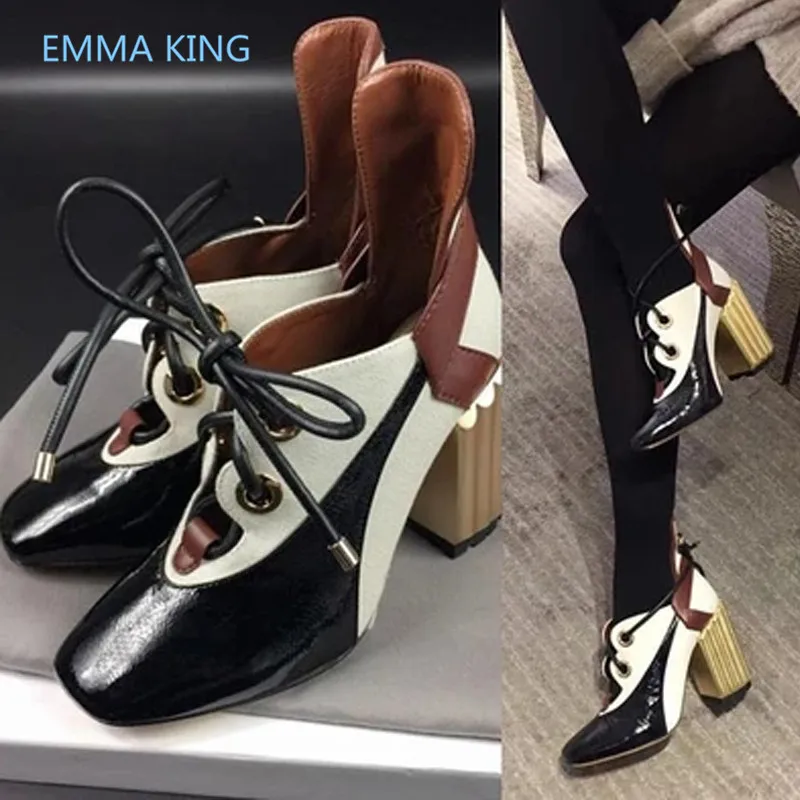 

New Fashion Mixed Color Women's Pumps Round Toe Lace Up Sexy Chunky High Heels Spring Autumn Ladies Gladiator Shoes Woman Mules