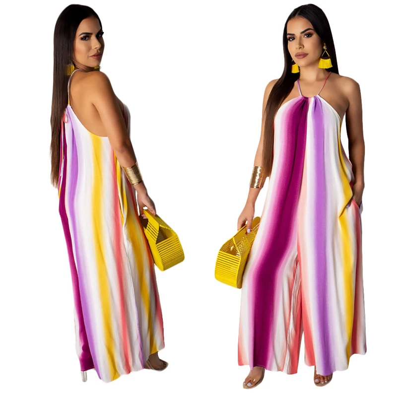 Summer new hot sexy jumpsuit sleeveless halter hanging neck striped print wide-leg jumpsuit Summer new hot sexy jumpsuit sleeveless halter hanging neck striped print wide-leg jumpsuit