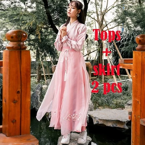 Розовое китайское платье Hanfu Cheongsam Топ китайская рубашка Китай одежда Китайский традиционный костюм для женщин юбка весна DL3758 - Цвет: 2 pieces set