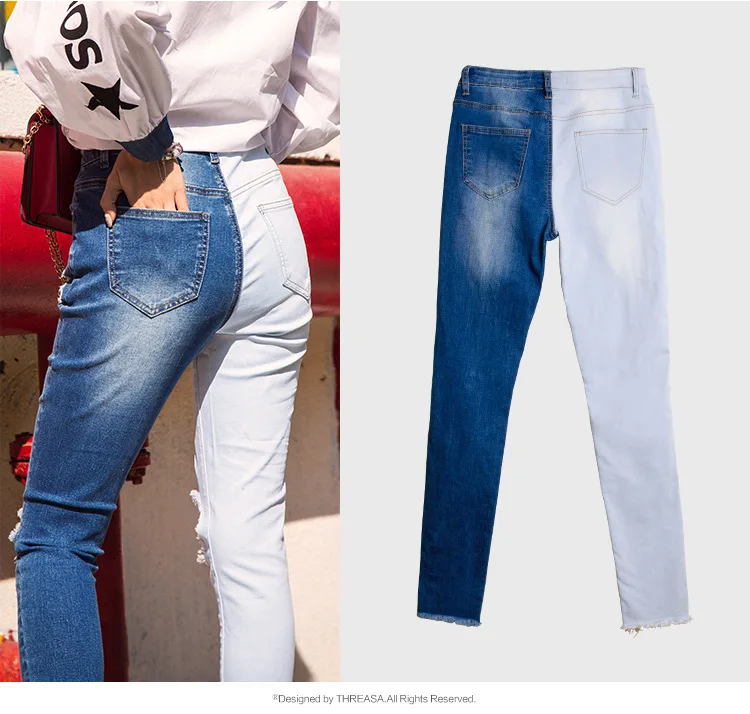 LOGAMI обтягивающие рваные джинсы для женщин,, контрастные цвета, узкие джинсы для женщин, джинсовые штаны размера плюс 4XL