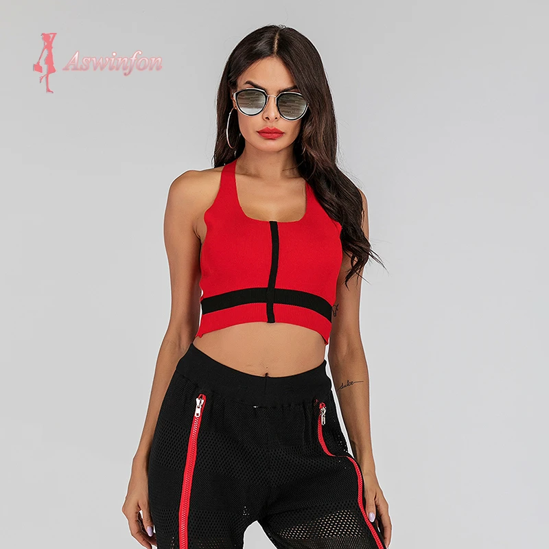 

Aswinfon Women's Sexy Summer Contrast Color Off Shoulder Sleeveless Knitted Tops Vest Camisole Slim Crop Top