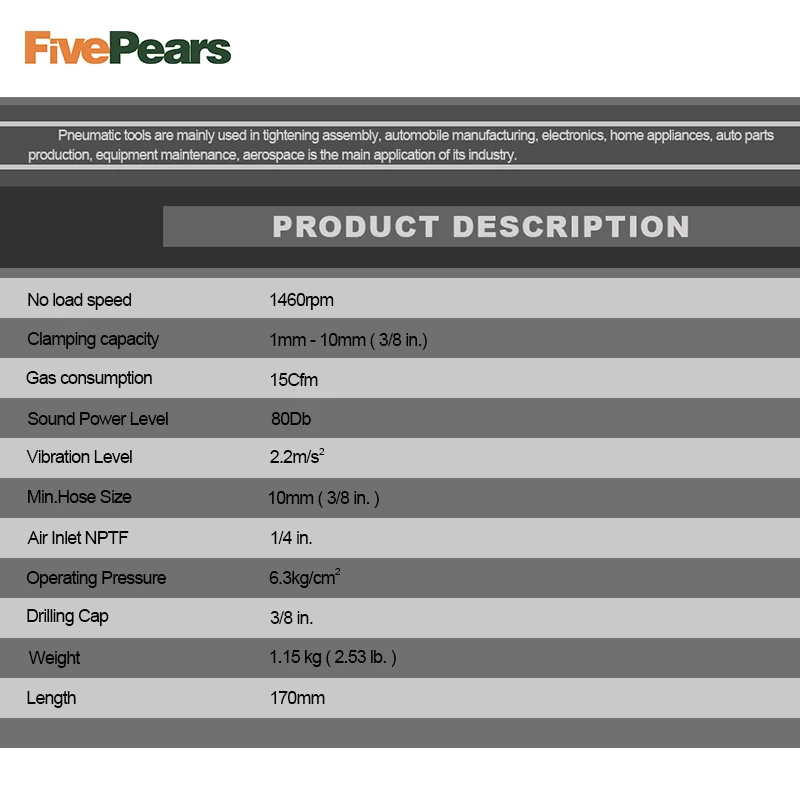 Пневматическая дрель FivePears 3/8 дюйма с реверсивным переключателем 10 мм 13 1460