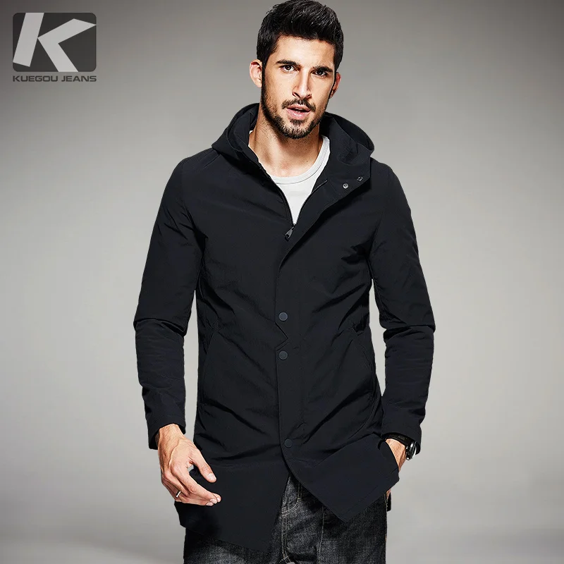 KUEGOU New Spring Mens Casual Trench Black Hooded Long Coats Brand