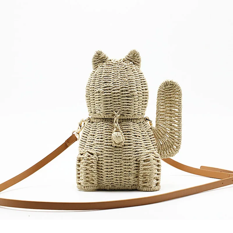 

New Lucky Cat Straw Bag Hand-Woven Animal-Shaped Cartoon Cute Hang Buckle Shoulder Bag Fashion Lovely Lady Crossbody Bag