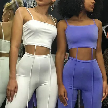 

2019 Summer Autumn Tracksuits Women Fashion Solid Sleeveless 2 Pieces Camis Shorts High Waist Fitness Crop Tops Sexy Female Sets